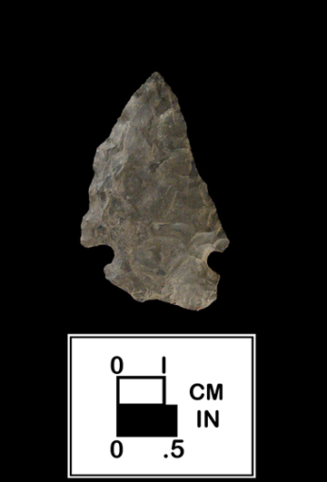 Kirk Corner-notched point from site 18AN404-2-left basal ear missing (Evergreen Collection).